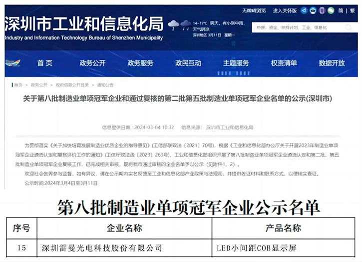 小間距十大品牌排名第六的雷曼光電獲評(píng)國家級(jí)制造業(yè)單項(xiàng)冠軍企業(yè)